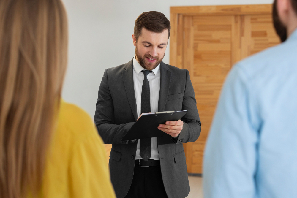 corretor de imoveis apresentando o contrato de exclusividade imobiliária